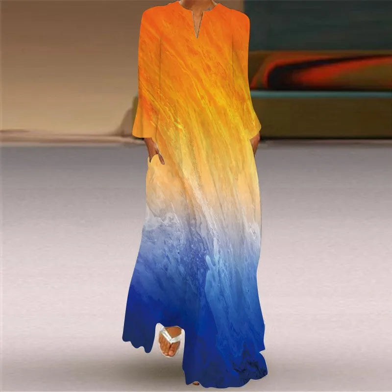Summer Dress Woman 2025 New Long Dress Party Travel Photography 3D Printing Dress Red Long Sleeve V-neck Elegant Pocket Dresses