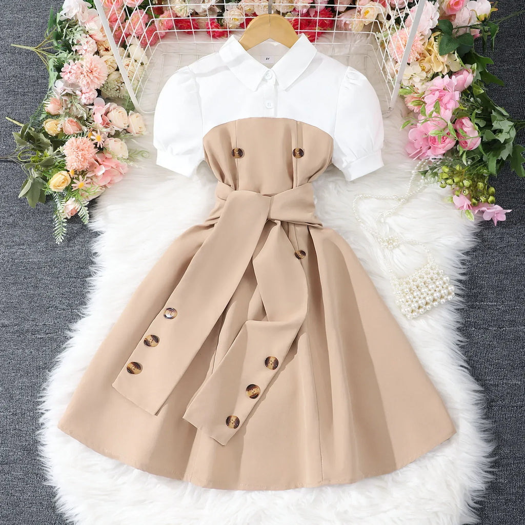 New Khaki Girl Dress Summer Casual Vacation Children Dresses Fashion Elegant Retro British Girls Party Dress 7 8 9 10 11 12 Yrs