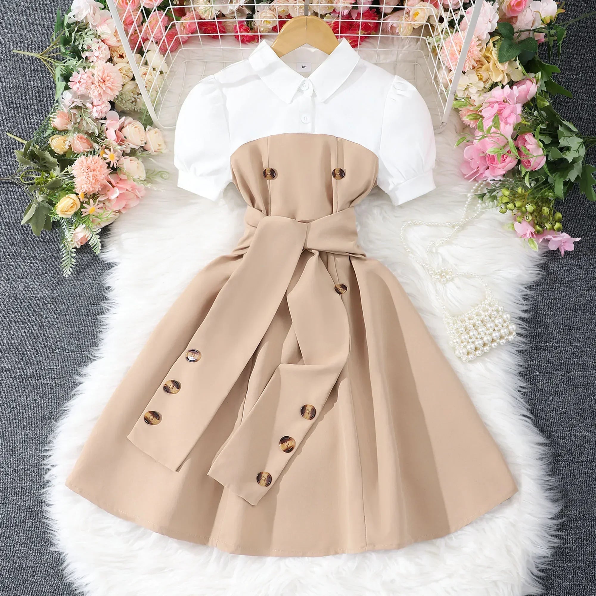 New Khaki Girl Dress Summer Casual Vacation Children Dresses Fashion Elegant Retro British Girls Party Dress 7 8 9 10 11 12 Yrs