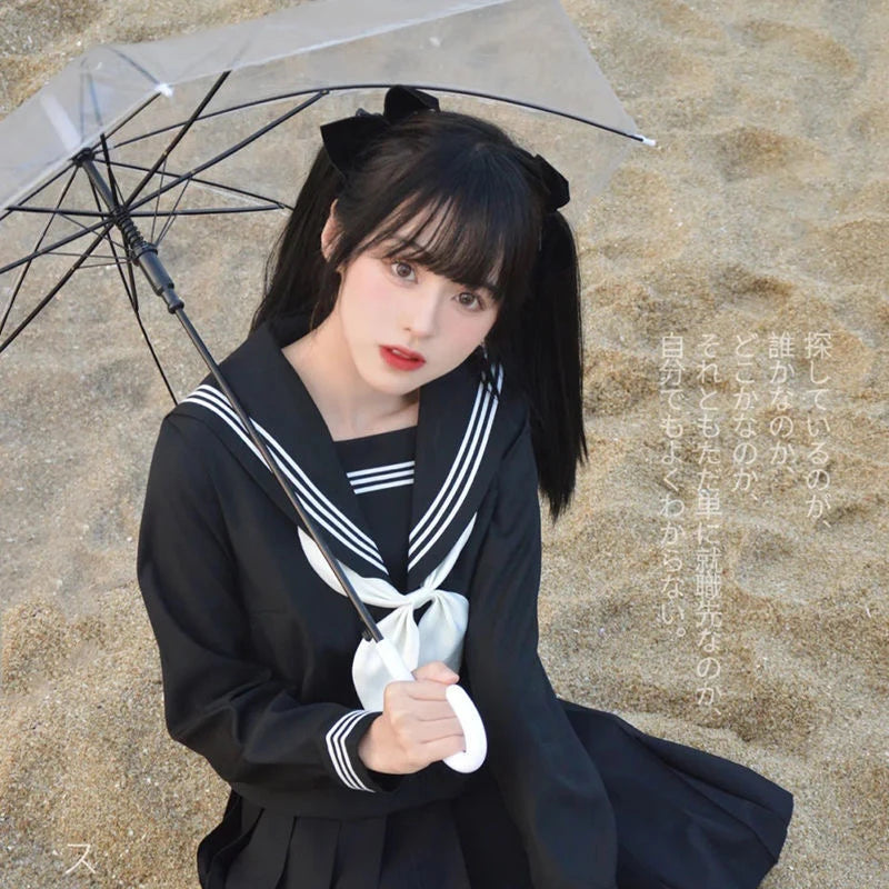 Women Sexy Black JK Suit Japanese School Uniforms Style S-3xl Student Girls Navy Costume  Sailor Blouse Pleated Skirt Set