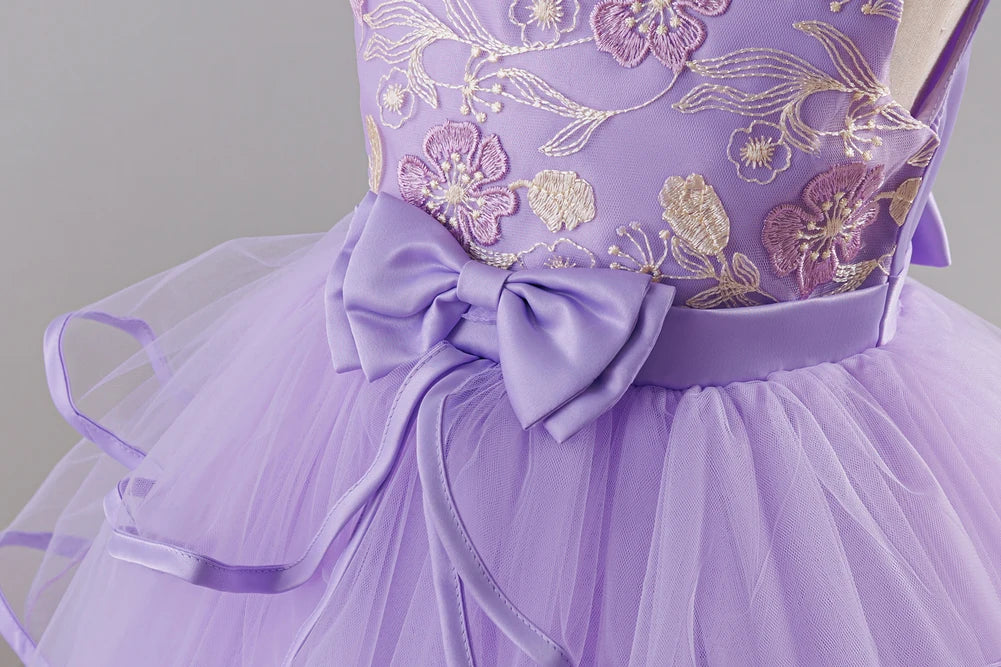Girls Princess Dress Sleeveless Lace Embroidery Tiered Tulle Bow Formal Evening Gown for Wedding Birthday Party Christmas