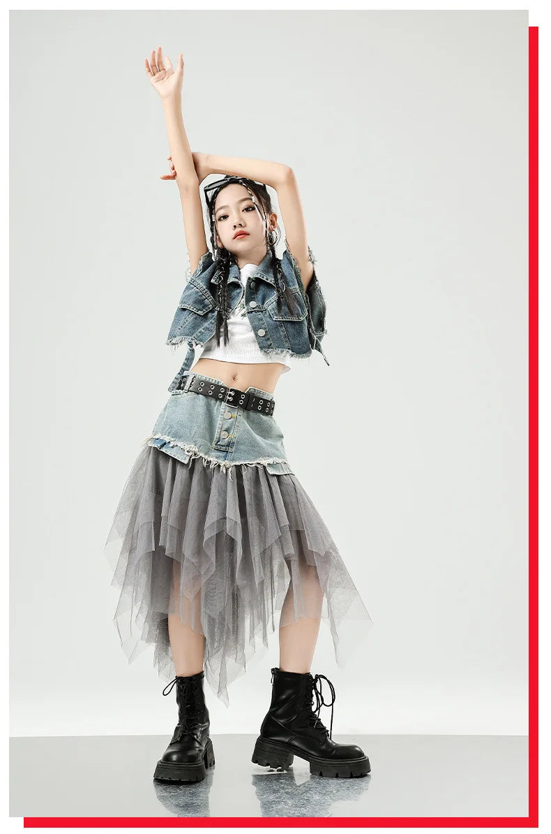 Girls Hip Hop Clothing Denim Sleeveless Jacket Vest Top Street Patchwork Mesh Skirt for Kids Jazz Dance Costume Clothes