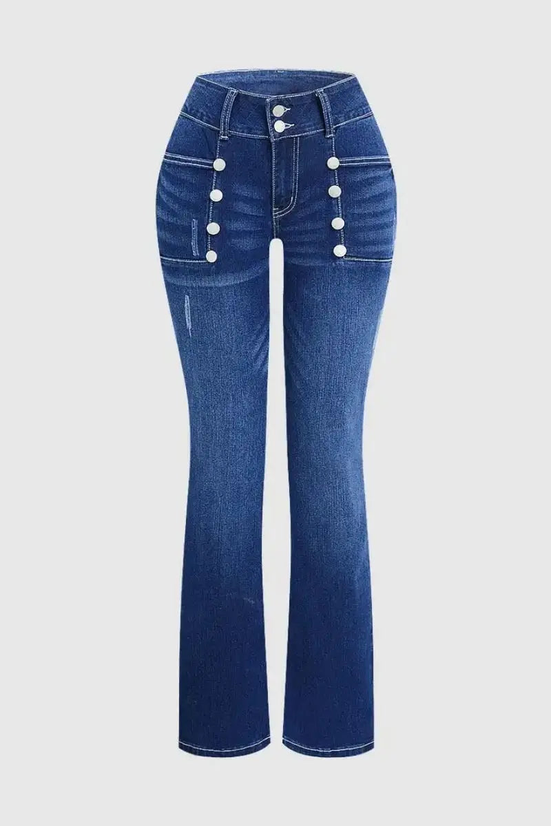 European and American women's jeans with trendy high street button design slim fit and slimming temperament micro flared pants