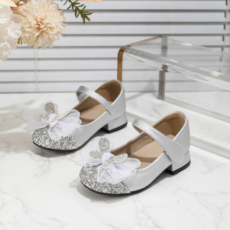 New Girl Princess Shoes for Wedding Party Children Fashion Leather Shoes Silver Bowknot Versatile Kids Catwalk High Heel Shoes