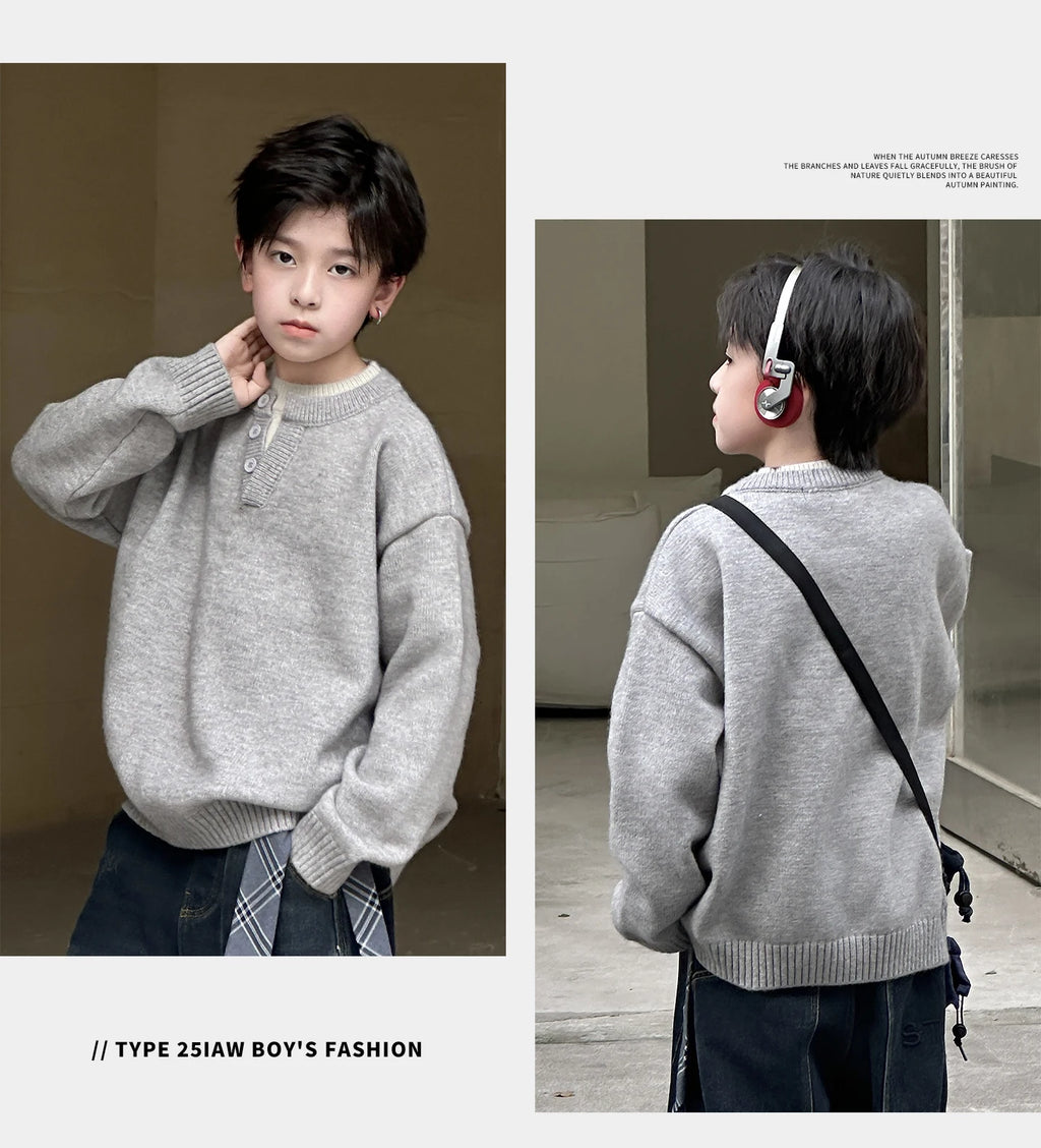 Child Minimalism Style V-Neck Sweater for Tween Boy Beige Grey Color Knitwear Korean Kids Spring Autumn Casual Knitted Clothing