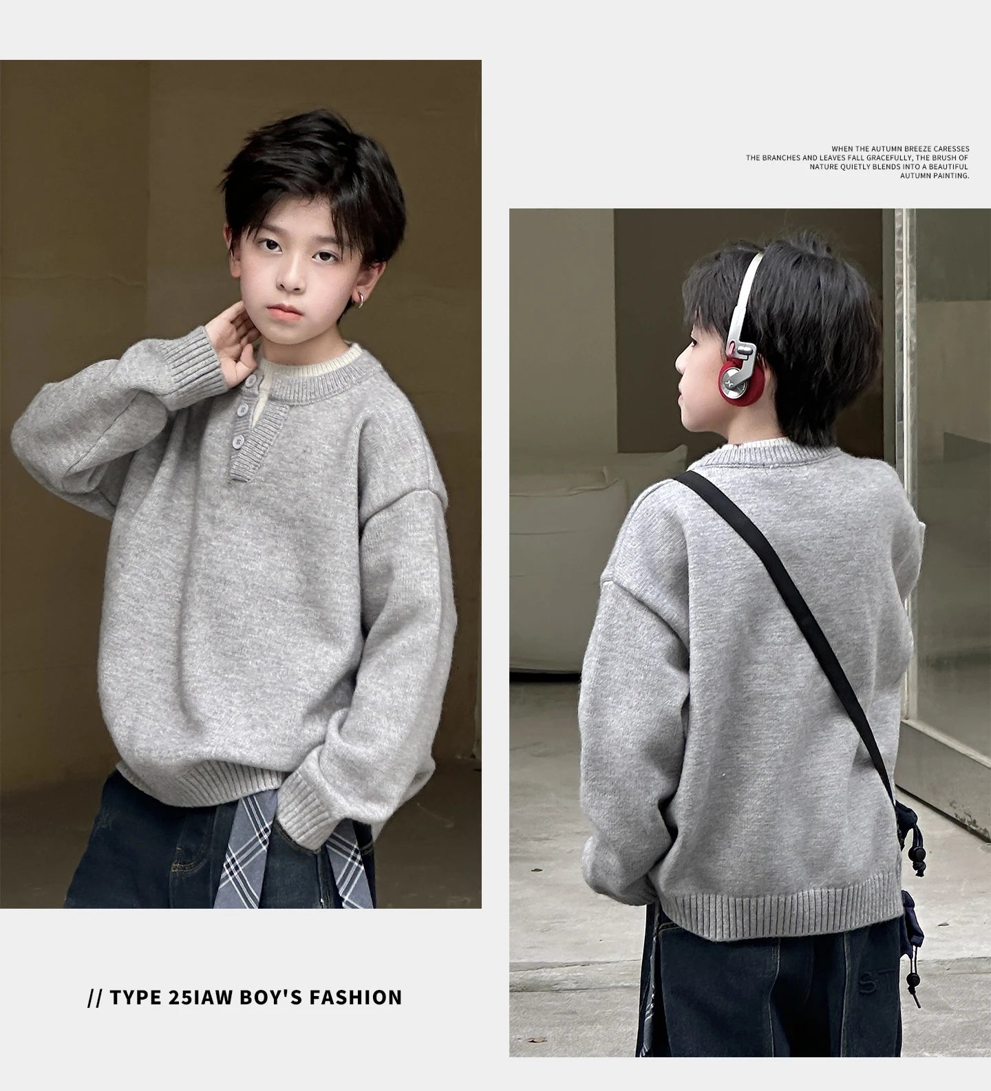 Child Minimalism Style V-Neck Sweater for Tween Boy Beige Grey Color Knitwear Korean Kids Spring Autumn Casual Knitted Clothing