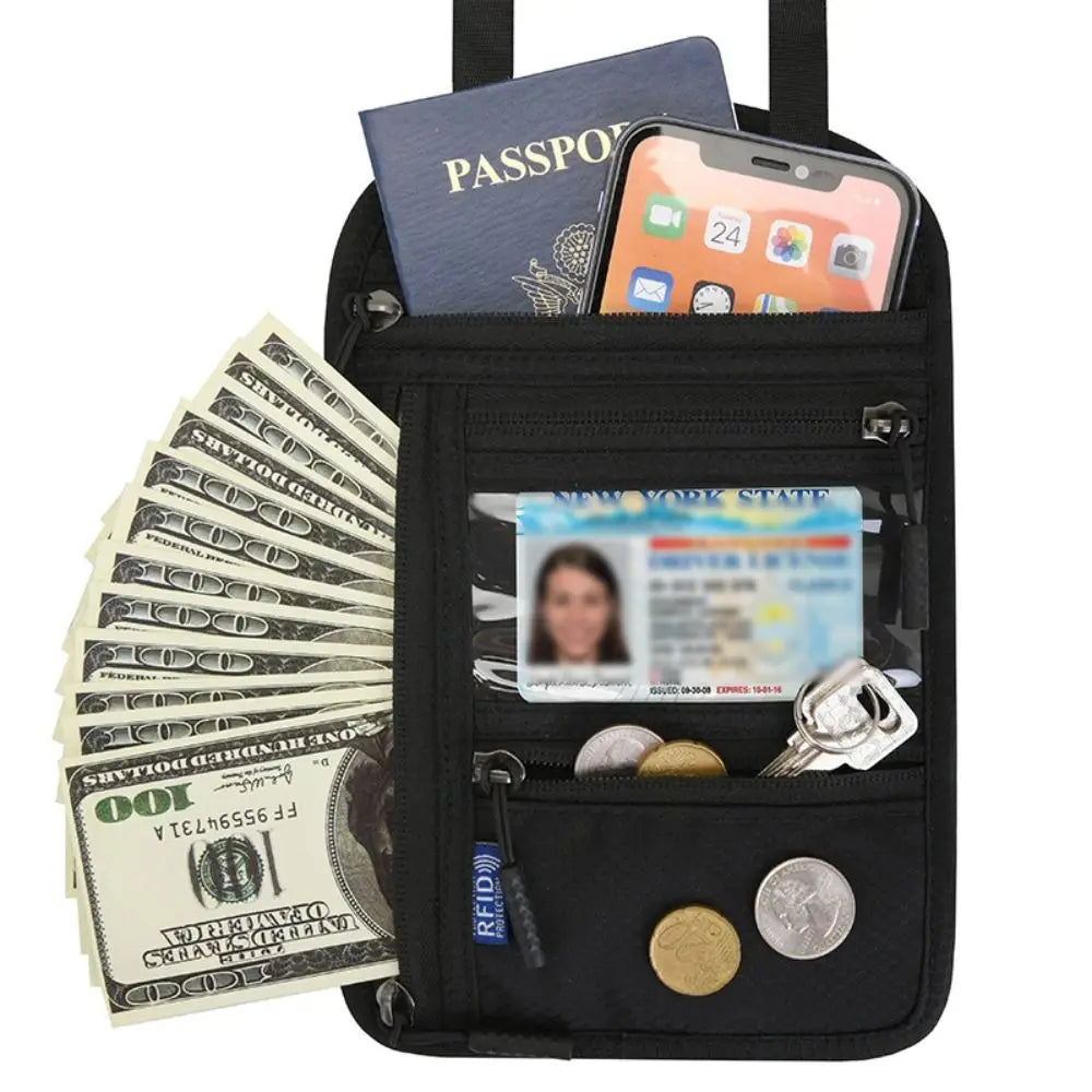 Anti-theft Security Stash Pouch Nylon RFID Blocking Passport Bag with Adjustable Neck Strap Waterproof Travel Neck Wallet
