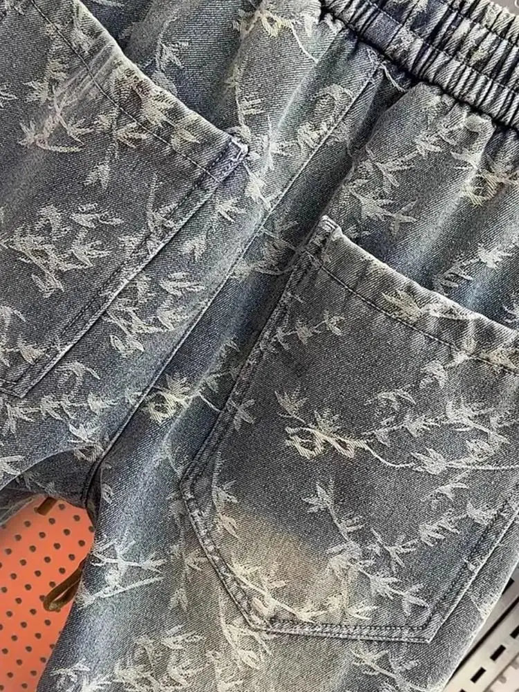 Men's Jeans Loose Jacquard Casual American Waist Drawstring Ties Versatile Trendy Spring and Autumn Harem Pants