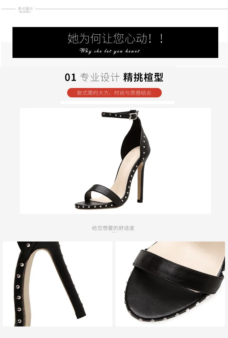 Women Sandals High Heels 2025 Summer Thin Heel PU Leather Rivet Peep Toe Sexy Party Shoes Sandalia Feminina Zapatos Mujer