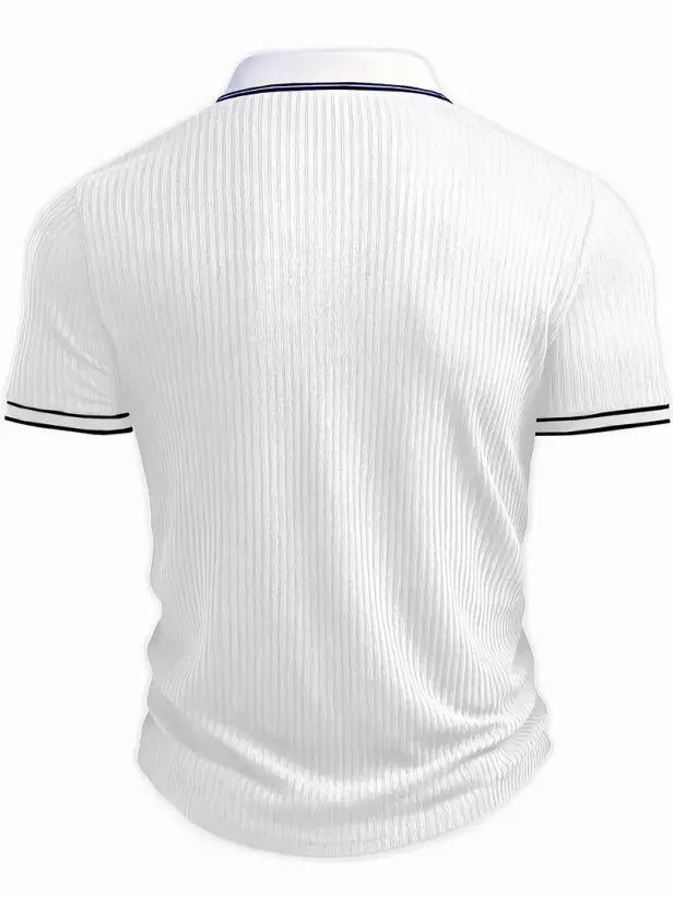 Men Ribbed Knit Polo Shirt Short Sleeve Turn Down Collar Contrast Trim Button Placket Slim Fit Casual Top