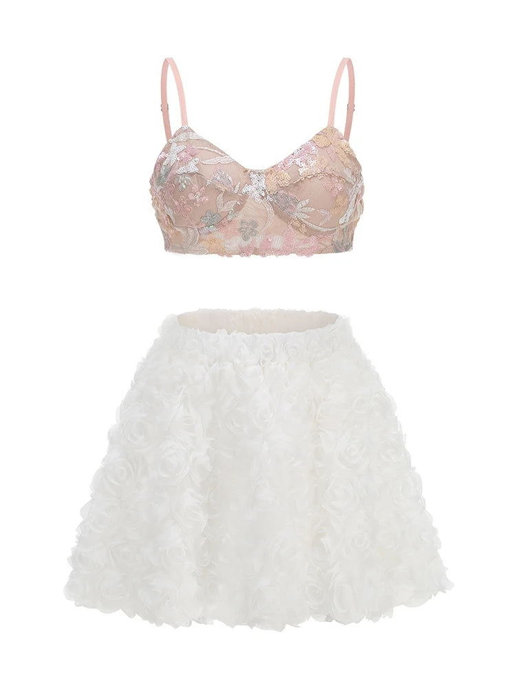 Women Floral Skirt Three Piece Sets Sexy Black Straps Top + Embroidered Sequins Bra + A-line Mini Skirts Suits Evening Cocktail