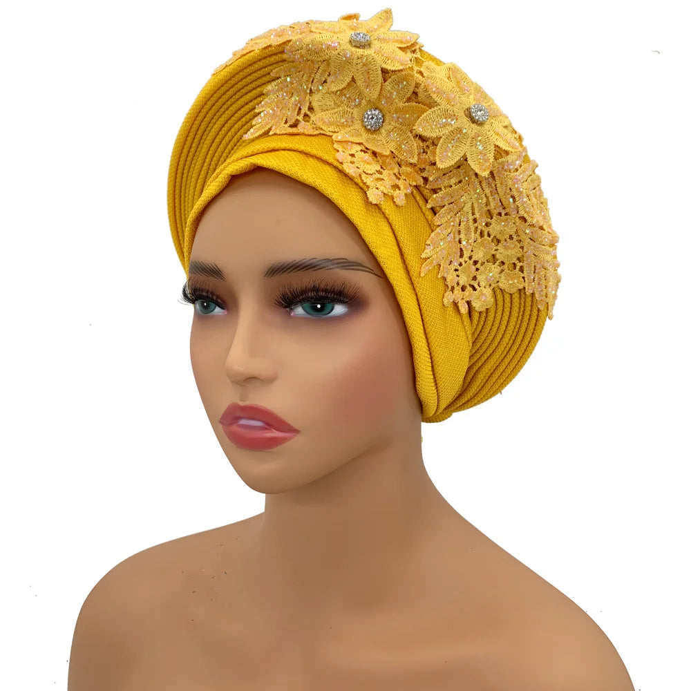 Elegant African Autogele Women's Turban Cap Nigeria Wedding Gele Ready to Wear Headtie with Embroidery Lace Party Headwear
