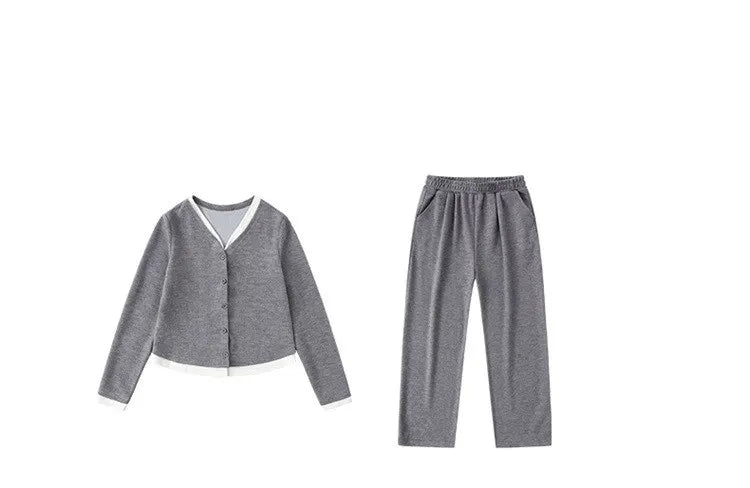 Korea Style Girls Casual Clothing Sets Single Button V-Neck Fake Splice Top and Pants Two Pieces Grey Khaki Kids Teenage Outfits