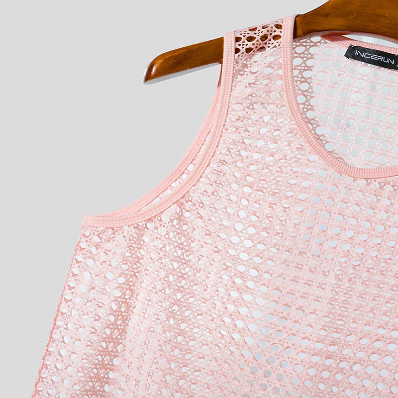Summer Men Tank Tops Mesh Transparent O-neck Sleeveless Male Vests Sexy Vacation INCERUN 2025 Streetwear Fashion Men Clothing