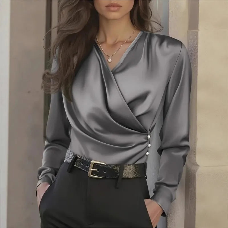 Fashion Blouses Women's New Black White French Style Simple V-neck Slim Folds Fit Versatile Commuting Shirts For Women Clothing