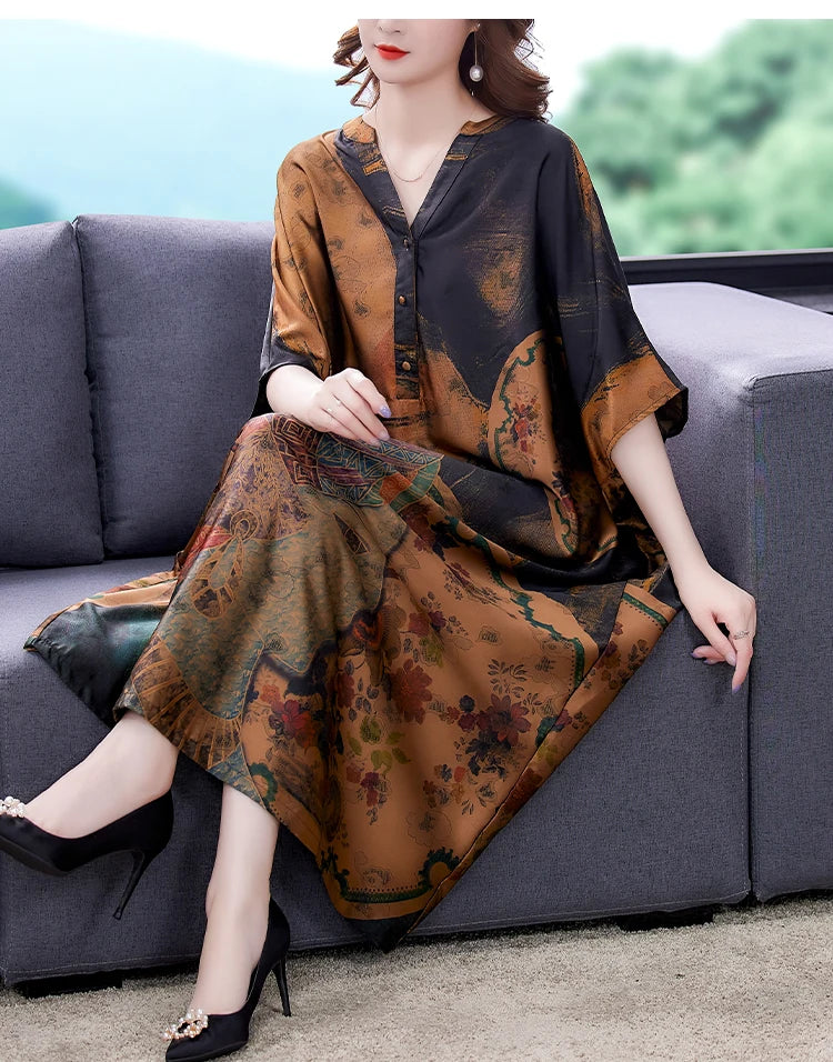 Mulberry Silk Dresses Women's New Summer Long Dress Female Fashion Loose V- Neck High-End Print Pullover Dresses