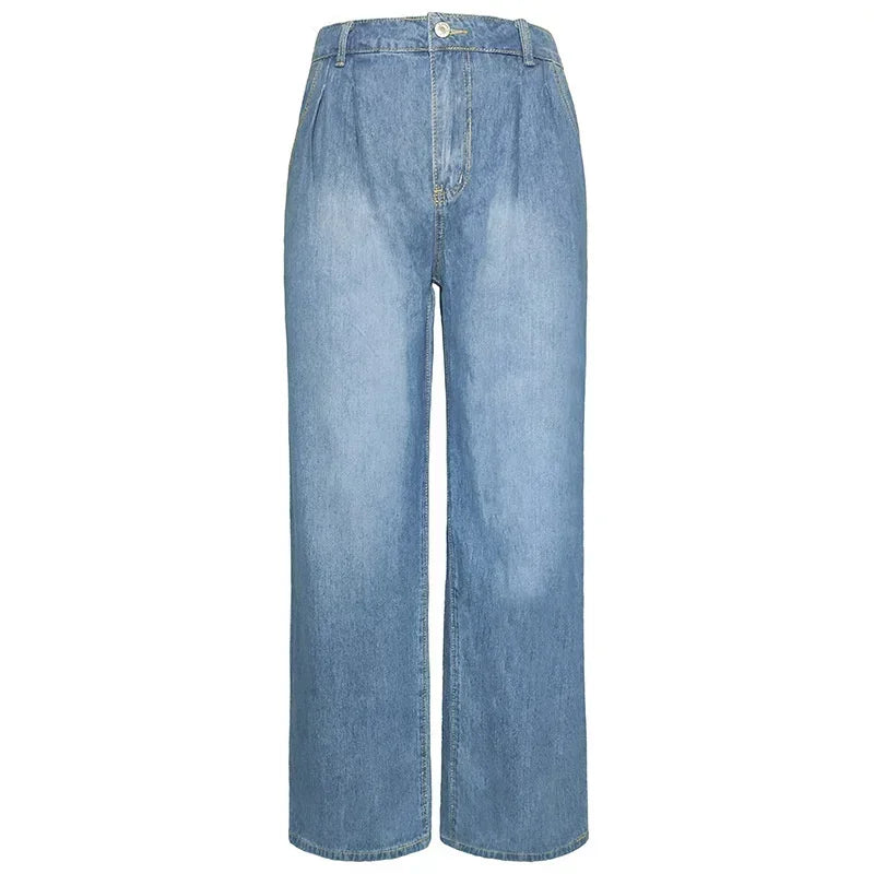 Chic Whitish Blue Women Straight Jeans Korean Casual Wide Leg Trousers Female 2023 Elegant Commuter Loose High Waist Denim Pants