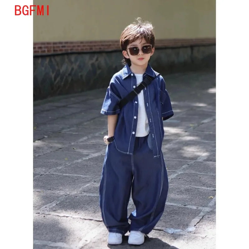 Teens Handsome Boy Short Sleeved Thin Denim Shirt and Pants 2pcs Set 2025 New Children's Summer Suit for Boys and Girls Outfits