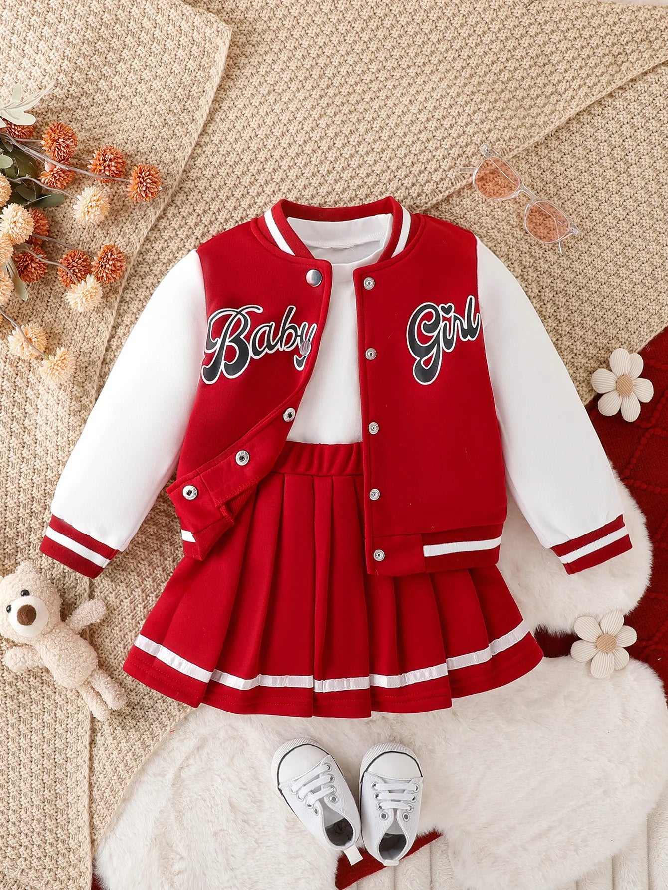 Kid Girl Cute Outfit Two Piece Set Children Casual Dress Baseball Jacket Coat Top Embroidered Letters Pleated Skirt Sporty Style