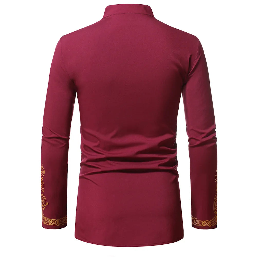 Men's African Style Ethnic Shirt Traditional Tribal Printed Stand Collar Robe Turkish Long Sleeve Dashiki Tops
