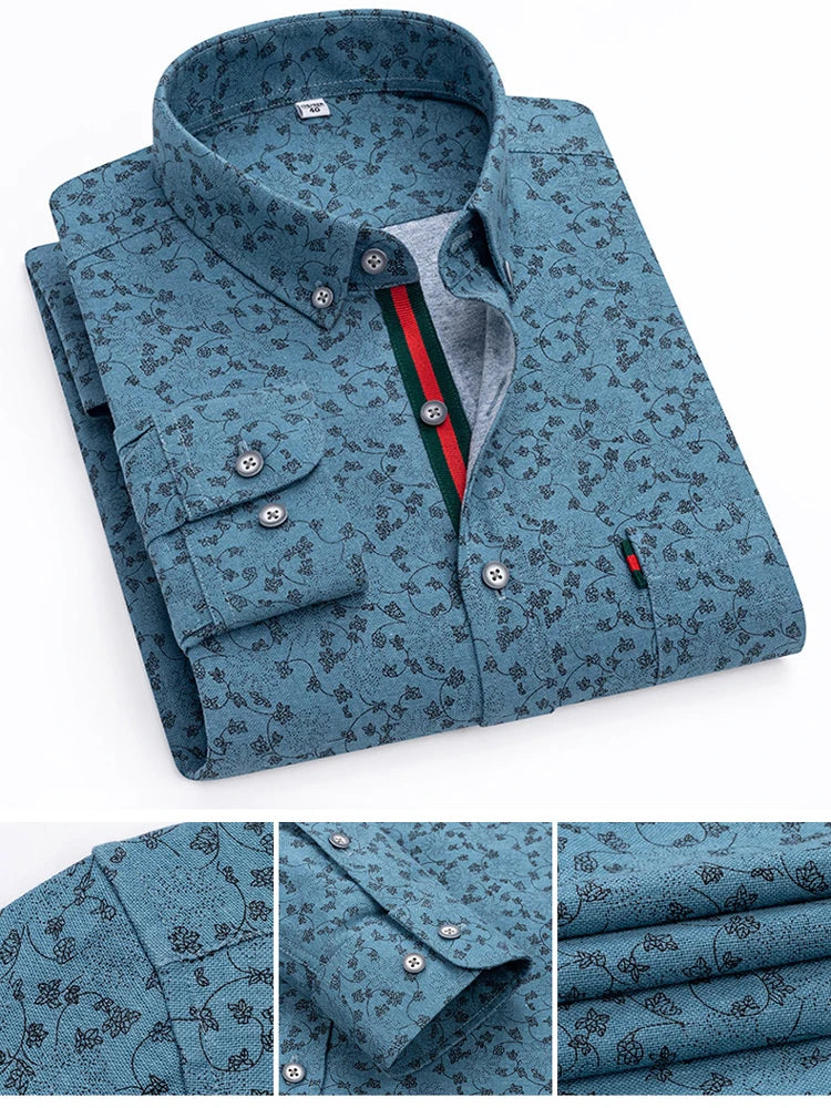 Men's Stylish Floral Print Button-Up Collar Dress Shirt with Stripe Placket, Holiday Style 100% Cotton Long Sleeve Oxford Shirts