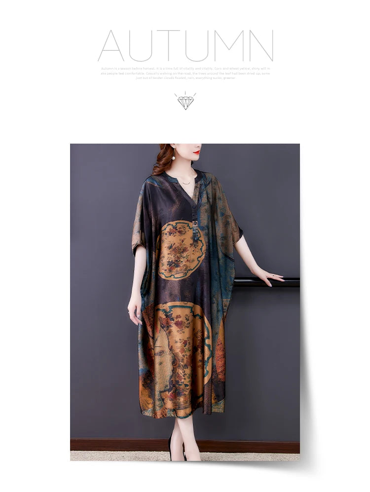 Mulberry Silk Dresses Women's New Summer Long Dress Female Fashion Loose V- Neck High-End Print Pullover Dresses