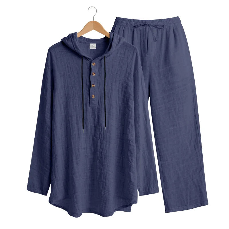 Men's Linen Hooded Sets 2 Piece Outfit Summer Casual Long Sleeve Hoodie and Wide Leg Pants Set for Men