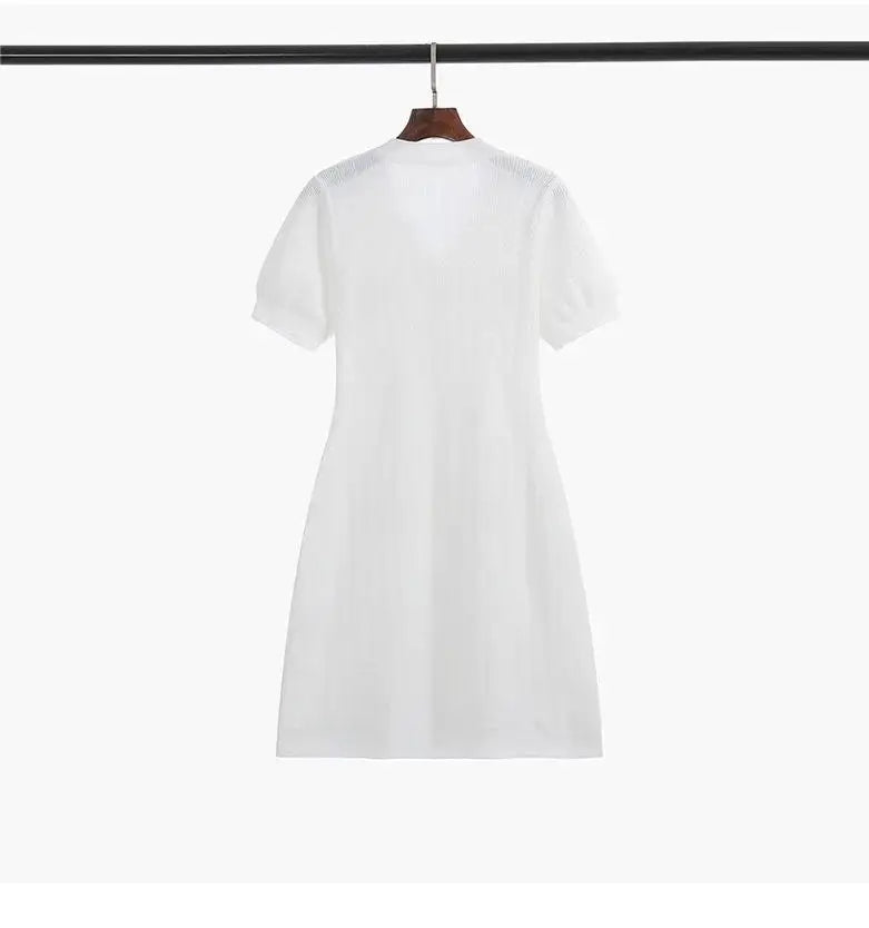 Summer V Neck Single Breasted Knitting Mini Dresses for Women 2024 Fashion Short Sleeve Mini Party Dress Vestidos Female