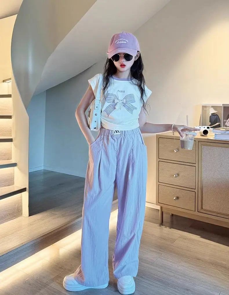 Teen Girls Summer Clothes Color Matching Cartoon T-shirt Trousers Two-piece Suit New Korean Style Sports Suit Children Outfit