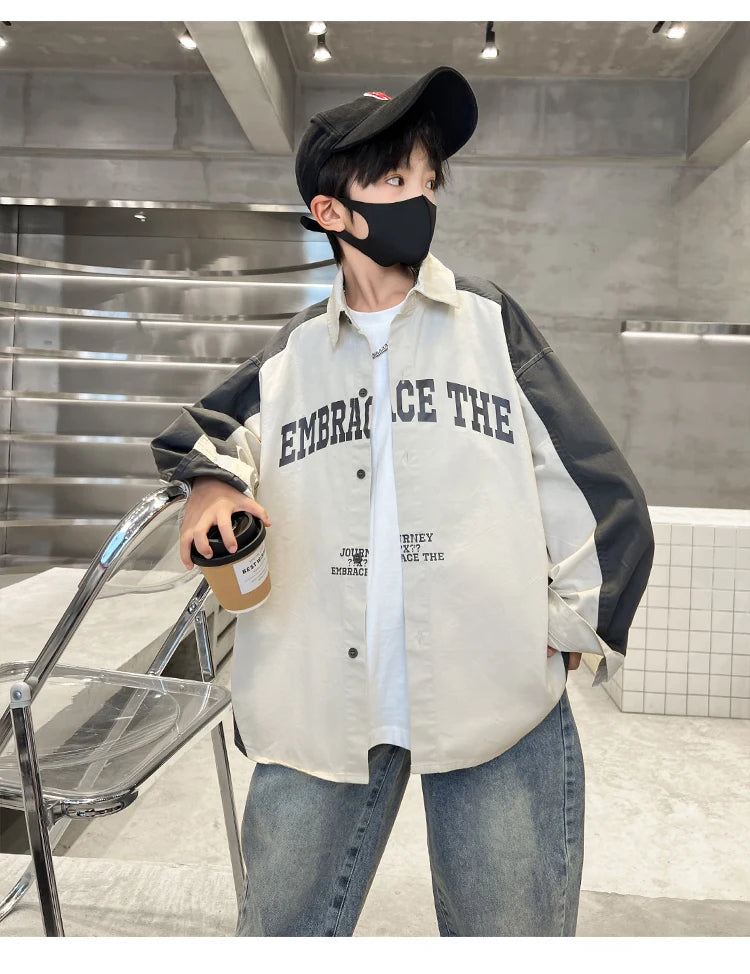 Korean Children Loose Style Long Sleeve Shirt for Teenage Boy Casual Spring Autumn Clothing School Kids Blouses Age 5 To 14 Y