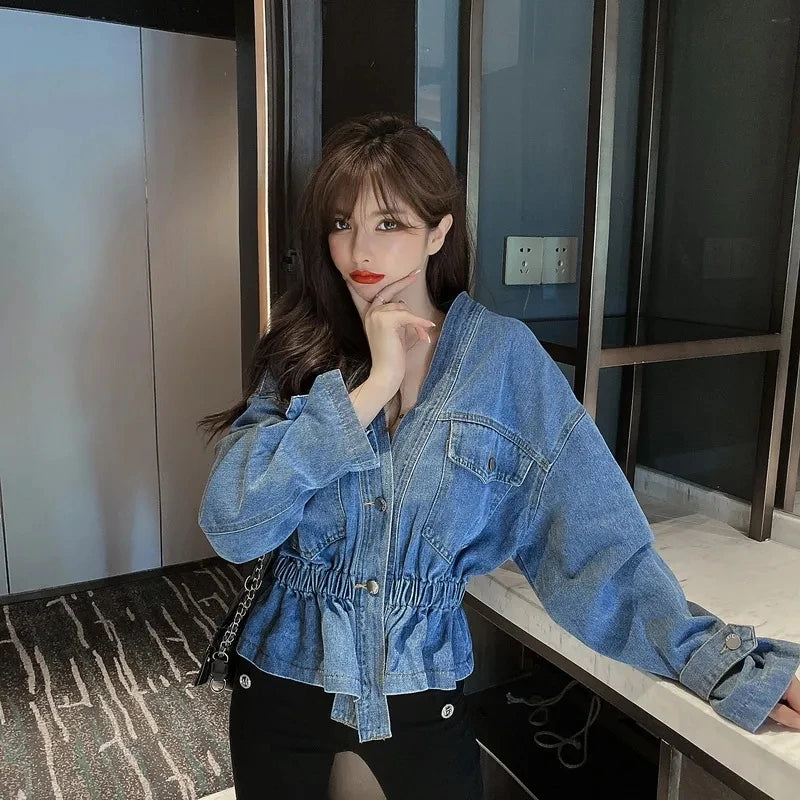 Jean Jacket V-neck Pleated Waist Slim Coat Women's Autumn Korean Fashion Personalized Irregular Shirt Loose Casual Denim Tops