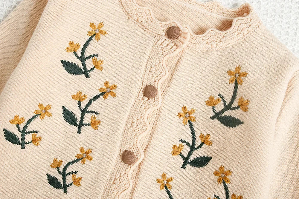 Baby Girl Clothes Girls Knitted Sweater Set Embroidered Flower Design Two-Piece Jacket And Pants Spring Autumn Korean Style