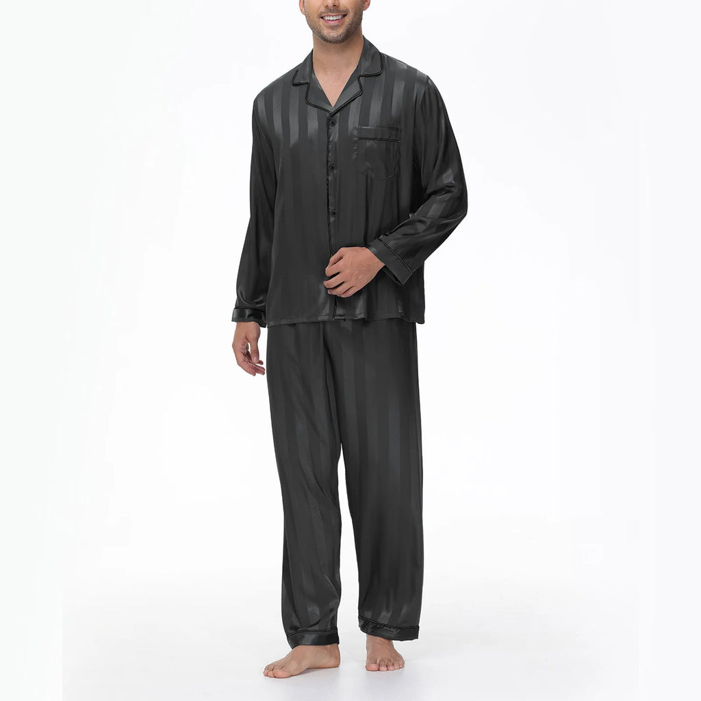 Men Pajamas Sleepwear 2PCS Set Navy Blue Stripes Long Sleeve Trouser Suits Home Clothes Male Loose Silk Satin Pijamas Loungewear