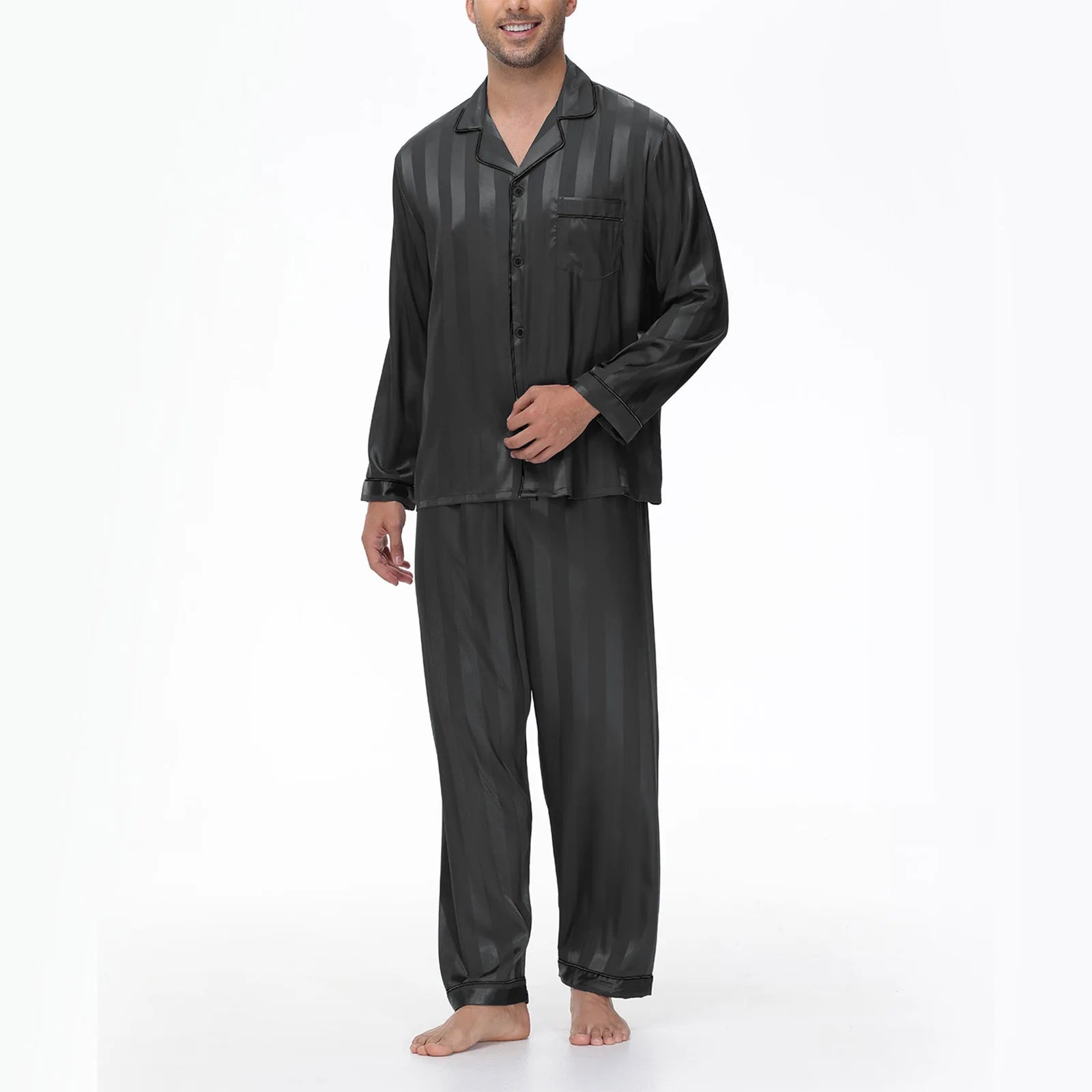 Men Pajamas Sleepwear 2PCS Set Navy Blue Stripes Long Sleeve Trouser Suits Home Clothes Male Loose Silk Satin Pijamas Loungewear