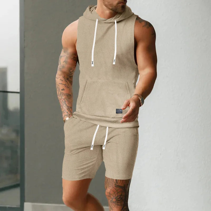 2026 Men's Casual 2 Piece Set Fashion Jacquard Knitted T-shirt Hooded Sleeveless Vest Elastic Waist Shorts Jogging Fitness Suit