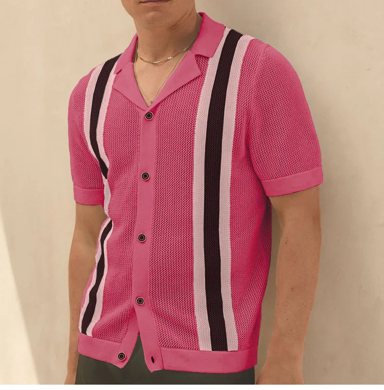 Summer New Knitted Shirts for Men Fashion Cuban Collar Business Casual Social Polo Shirts Knit Cardigans Men Clothing Streetwear