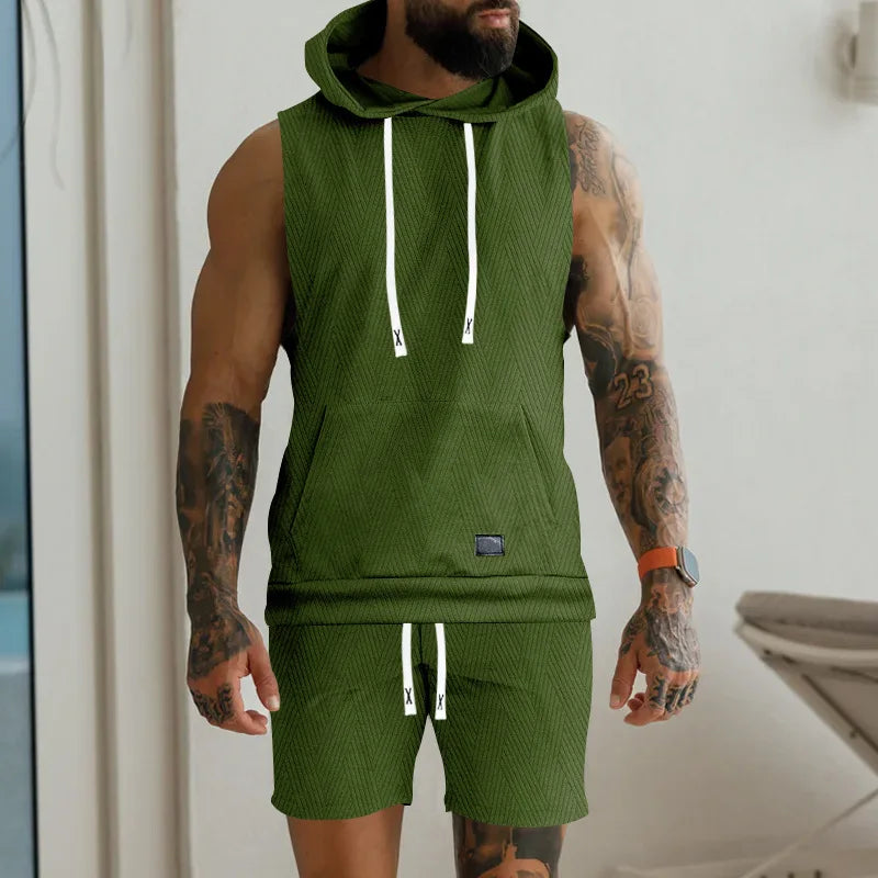 2026 Men's Casual 2 Piece Set Fashion Jacquard Knitted T-shirt Hooded Sleeveless Vest Elastic Waist Shorts Jogging Fitness Suit