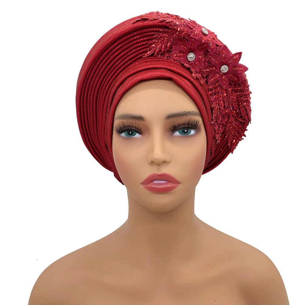 Elegant African Autogele Women's Turban Cap Nigeria Wedding Gele Ready to Wear Headtie with Embroidery Lace Party Headwear