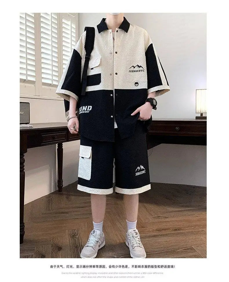 Men's 2 Piece Matching Set Short Sleeve Button Down Shirt + Cargo Shorts Textured Color Block Outfit Loose Fit Summer Lounge Set