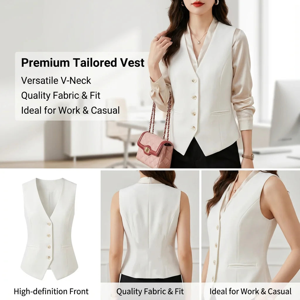 Women's Formal Business Vest Sleeveless Tailored Button Up Waistcoat Professional Office Outerwear Top Slim Fit Professional