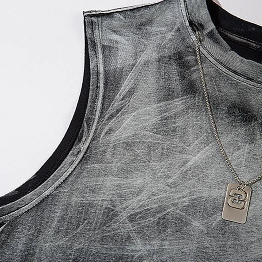 Summer New Men's Color Matching Raw Edge Sleeveless Vest American Retro Fashion Trend Street Loose Breathable Niche Men's Tops