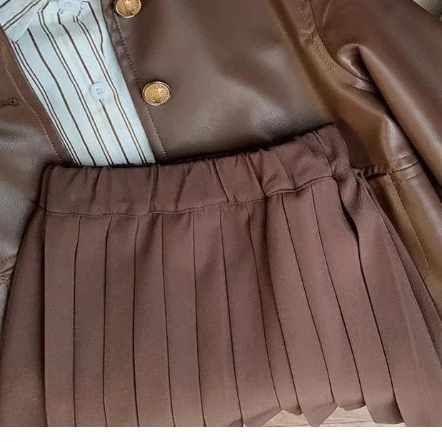 Childrens Suit Spring and Autumn New Korean Girls Fashion Leather Coat Striped Shirt Solid Color Pleated Skirt Three Piece Set