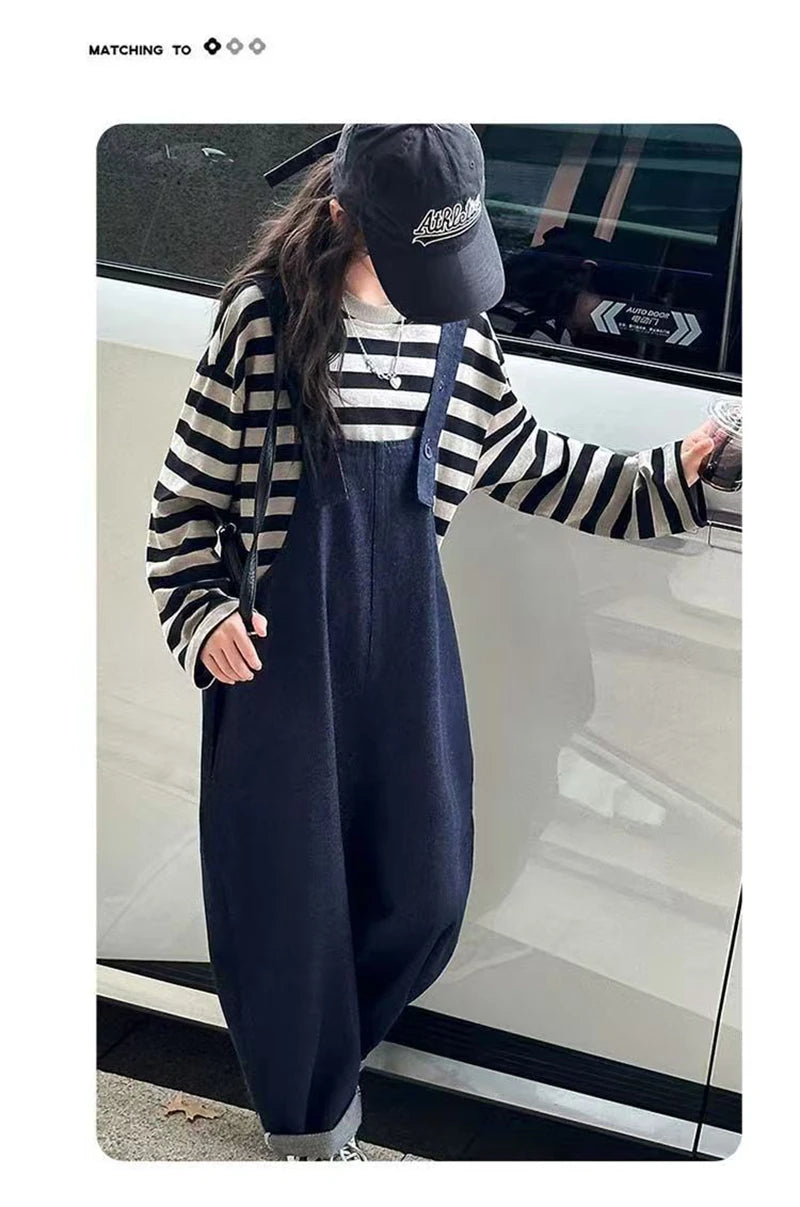 Girls 2 Piece Outfit Korean Style Kids Striped Long Sleeve T-shirt + Loose Denim Overalls Set Spring Autumn Children's Clothing