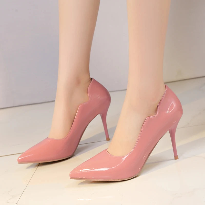 Nude High-Heeled Shoes for Women, Thin Heels, Pointed Toes, Small Size 30, 2024 New Style for Ladies, Elegant Spring and Autumn White Sexy Patent Leather Professional Black Women's Single Shoes, European and American Extra La