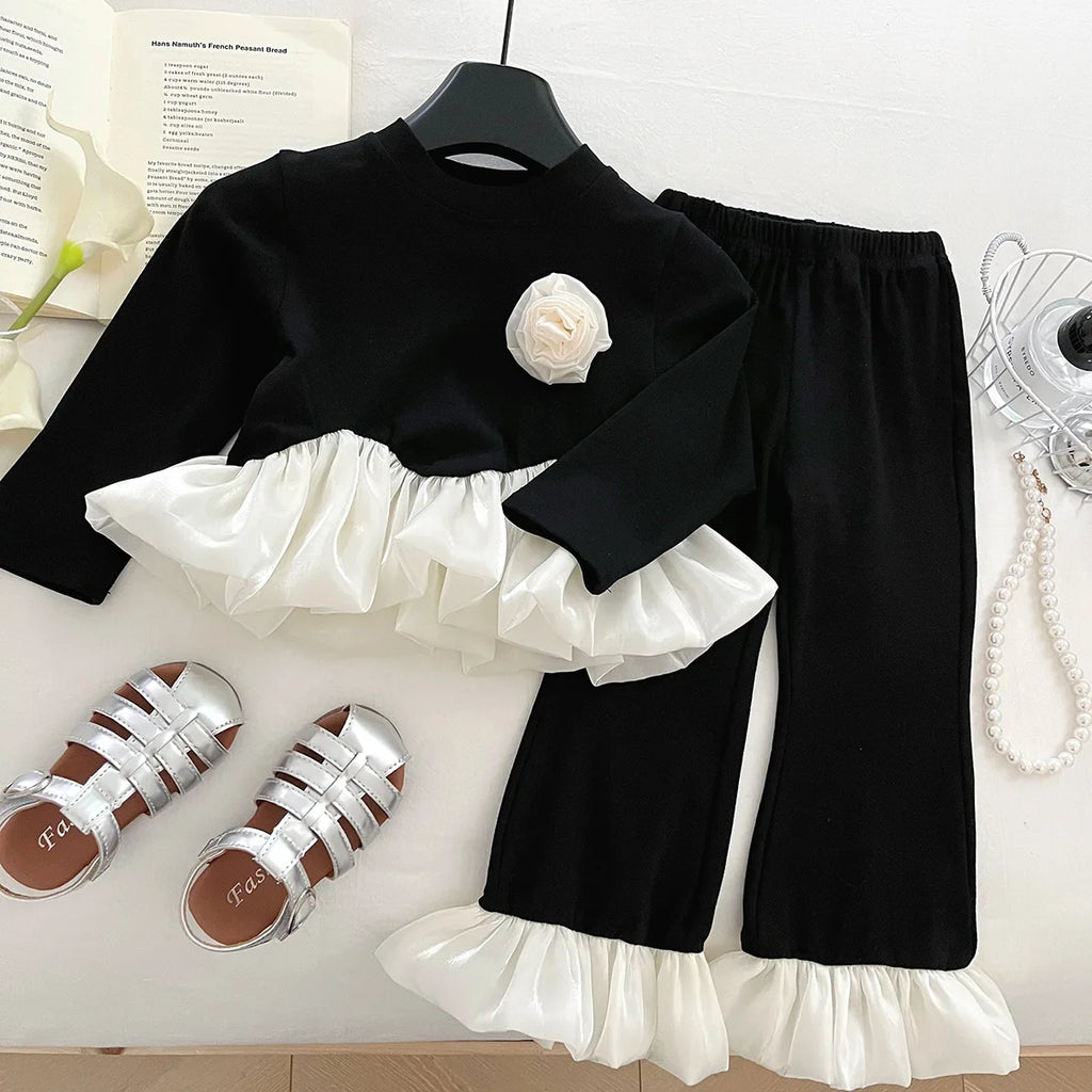 Girls 2 Piece Autumn 2025 New Long Sleeve Lace Solid Color Simple Fashionable Top Childrens Pants Baby Girl Set
