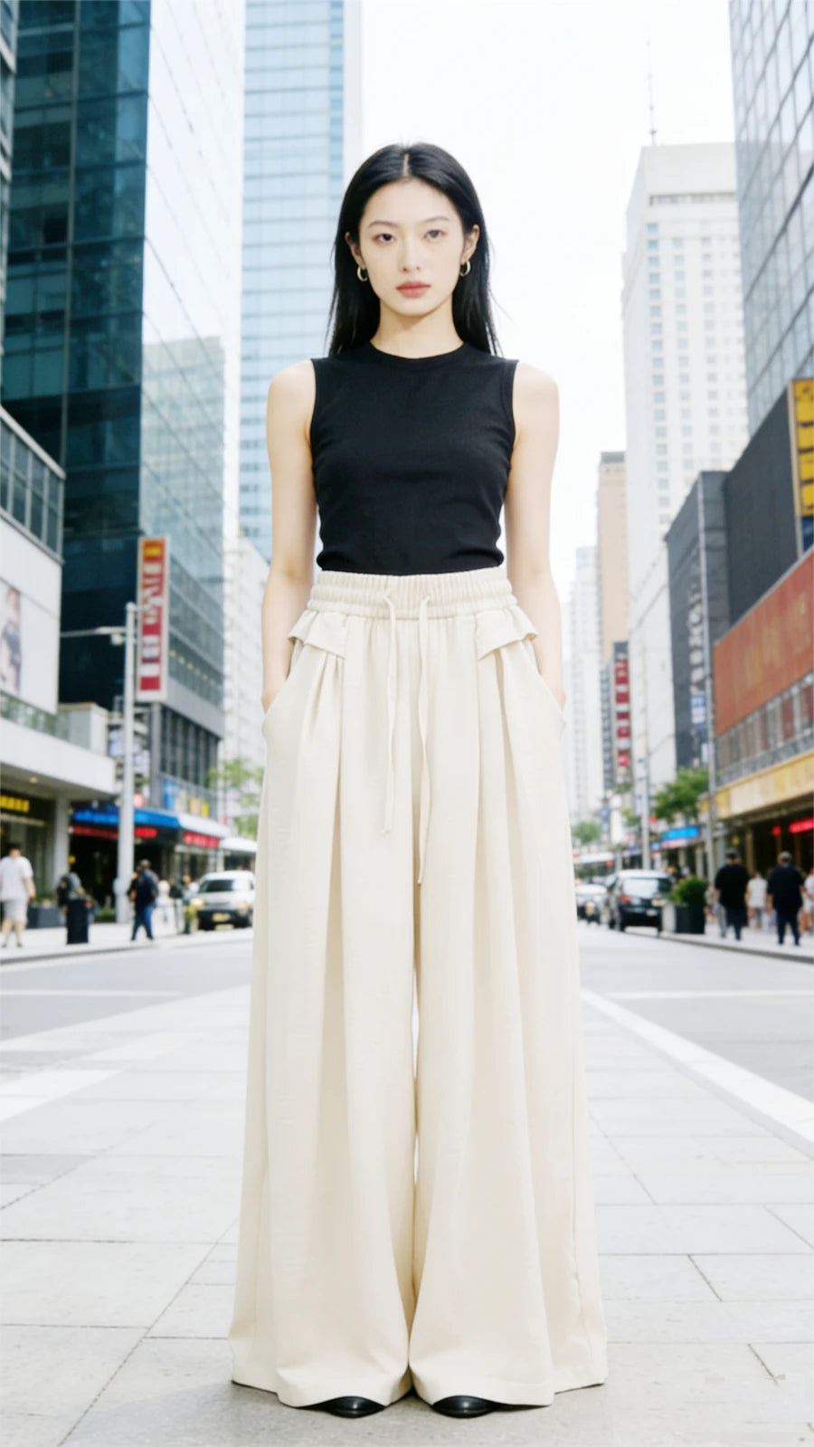 Women's Trousers New Fashion Solid Color High Waist Lace Up Thin Women's Wide Leg Pants Simple Drape Loose Casual Female Pants