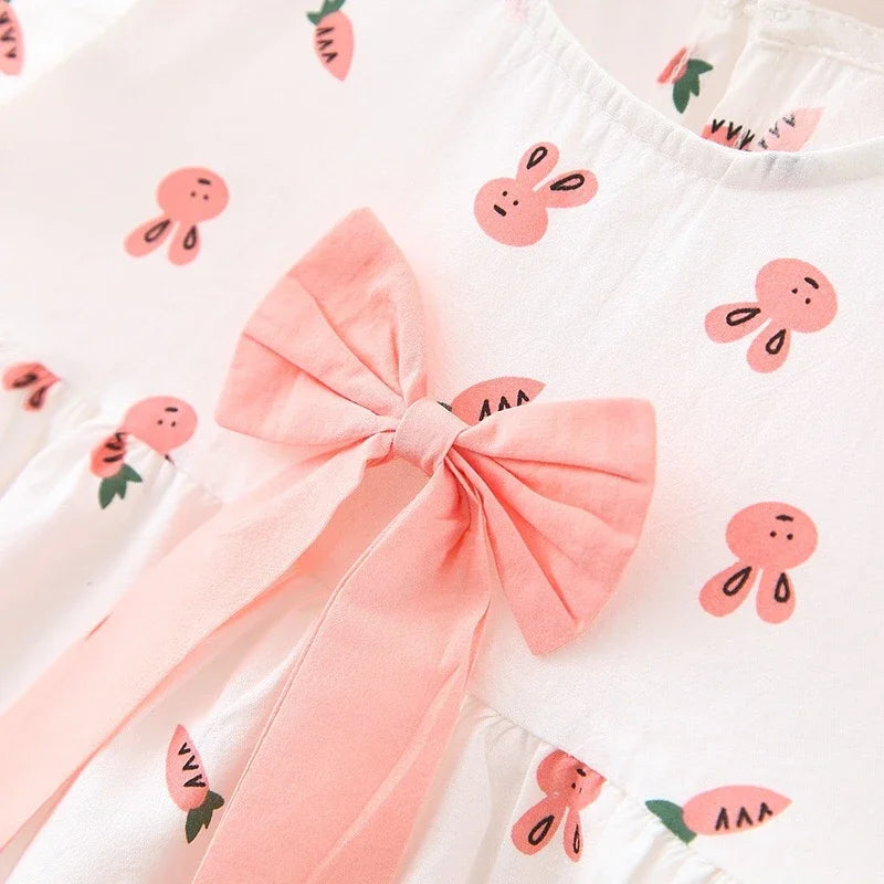 Summer Baby Girls Dresses Toddler Clothes Fashion Cartoon Print Short Sleeved Bow Princess Dress Newborn Children Cute Clothing