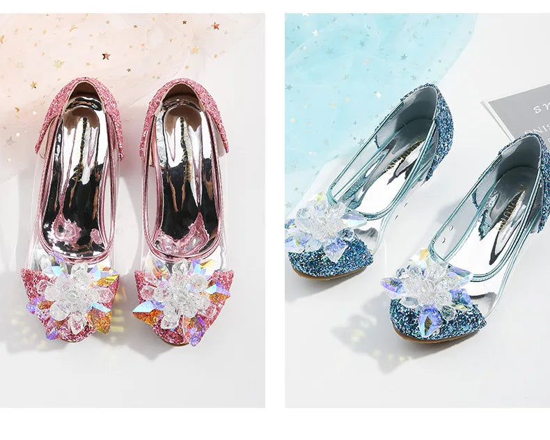 Pink Blue Princess Dance Shoes for Girls Low Heels for Kids Birthday Party Glitter Crystal Diamond Shoe Child Gown Leather Shoes