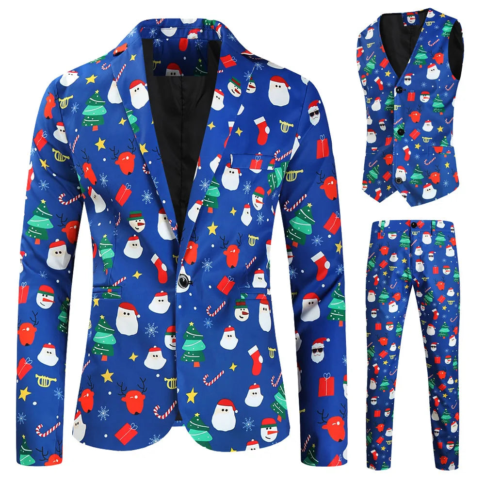 New Men's 3 Piece Christmas Sets Blazers+Vest+Pants 2026 Xmas Printed Men Suit Set Party Stage Dress Up Style Costume Streetwear