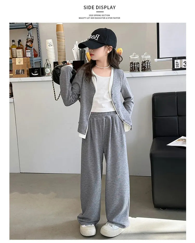 Korea Style Girls Casual Clothing Sets Single Button V-Neck Fake Splice Top and Pants Two Pieces Grey Khaki Kids Teenage Outfits